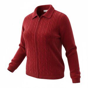 Alfred Dunner Women’s XL Chenille Cable Knit Zip Front Jacket Sweater Red Valent